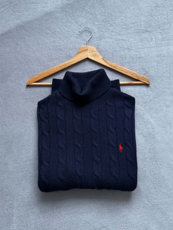 Ciemnogranatowy sweter z golfem Cable Knit Polo Ralph Lauren M red logo 100% cotton