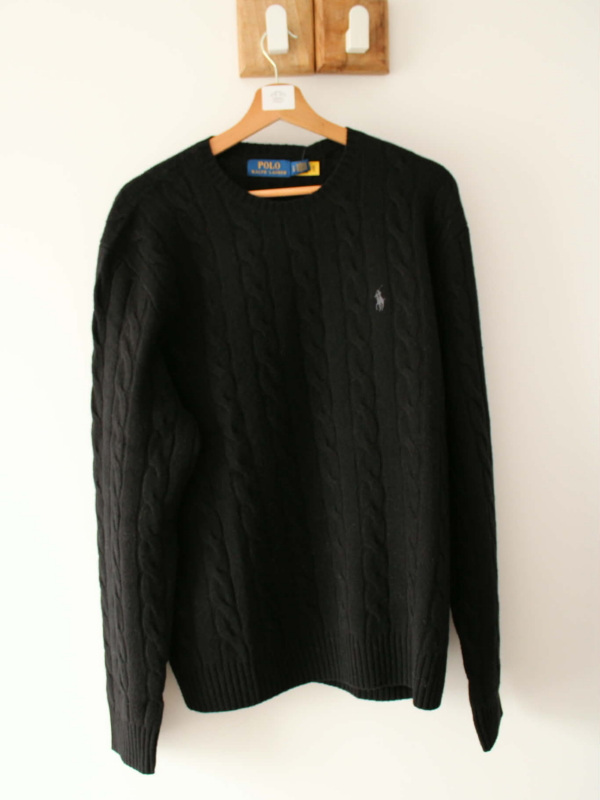 Polo Ralph Lauren – Klasyczny Wełniany Czarny Sweter o Splocie Warkoczowym (Cable-Knit) 100% wełna