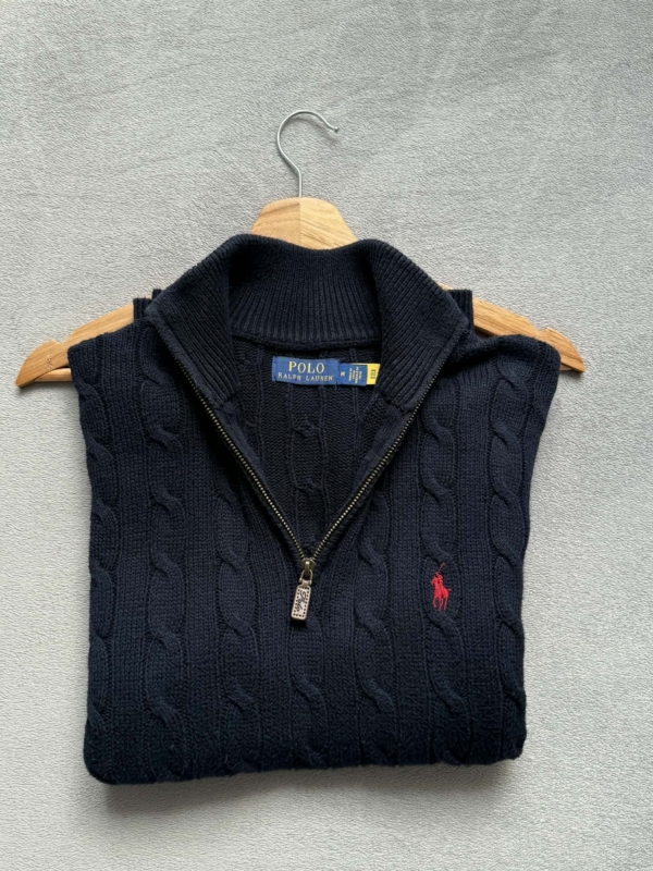 Polo Ralph Lauren – Granatowy Sweter o Splocie Warkoczowym 1/4 Zip (Cable-Knit) red logo – 100% Bawełna rozmiar M