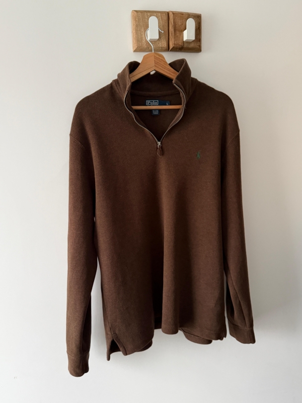 Czekoladowy sweter z golfem Polo Ralph Lauren L 100% cotton 1/4 zip old money style