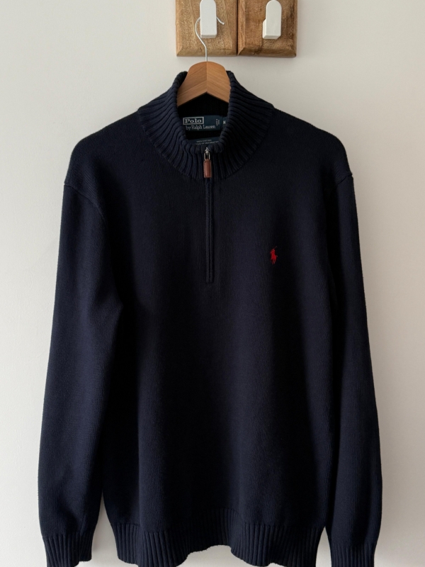 Ciemnogranatowy sweter z golfem Polo Ralph Lauren 1/4 ZIP M red logo 100% bawełna