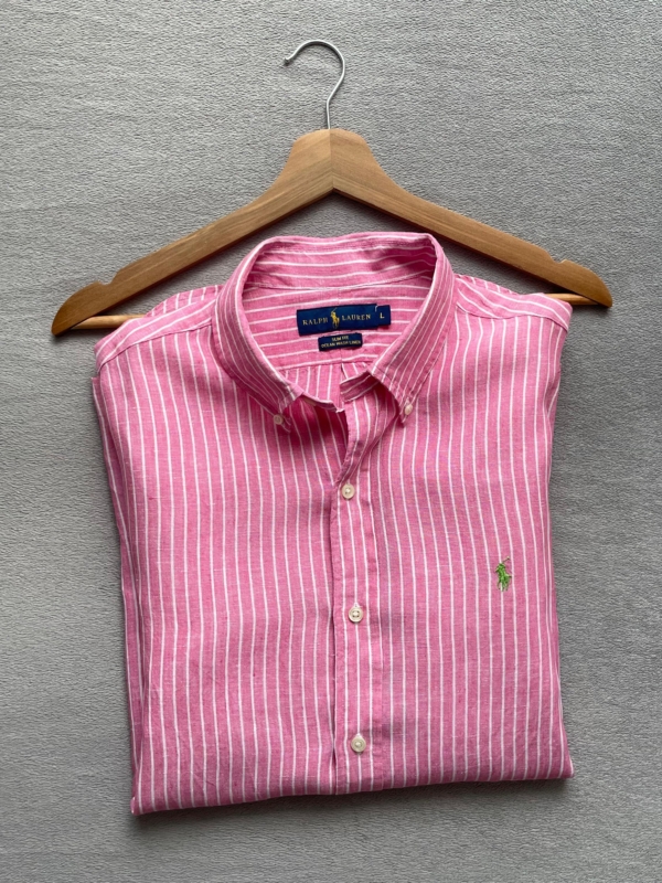 Męska Lniana Koszula Polo Ralph Lauren w Paski — Róż z Bielą (Rozmiar L Slim Fit) Ocean Wash Linen